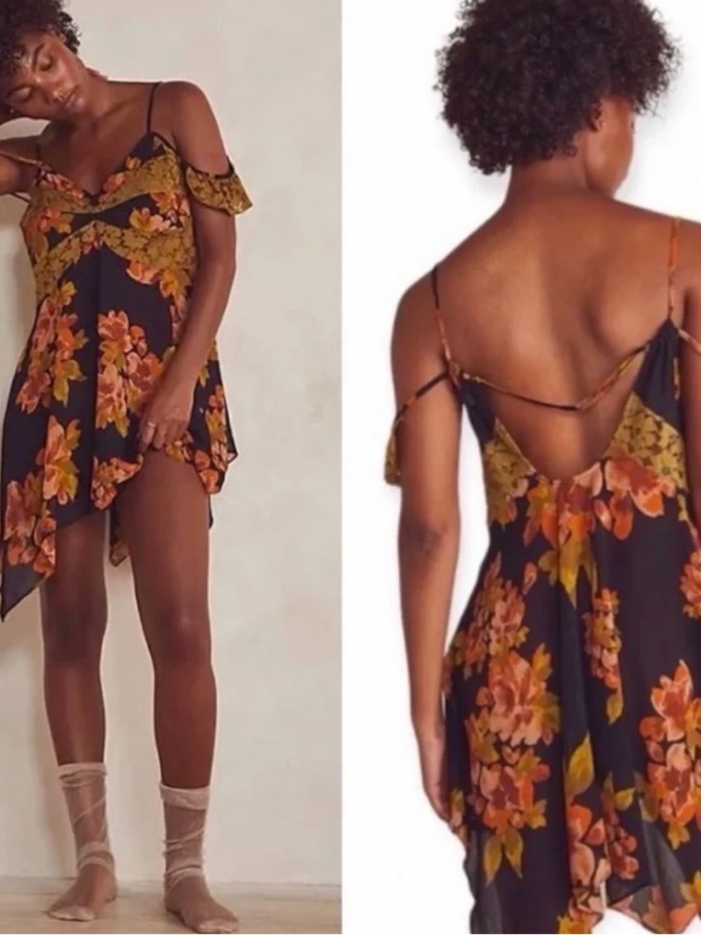 Asymmetrical Floral Slip Dress in Black and Orange